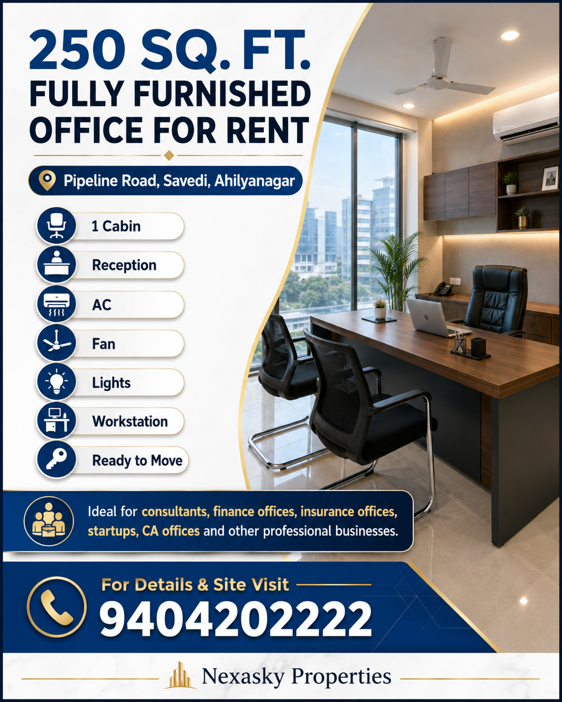 250 Sq. Ft. Fully Furnished Office for Rent – Savedi – rent in Pipeline Road, Savedi, Ahilyanagar, Maharashtra