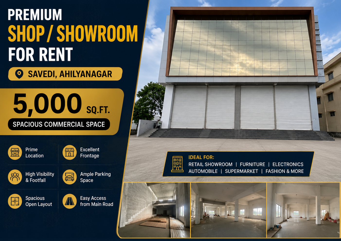 Premium 5,000 Sq.Ft. Shop/Showroom for Rent in Savedi, Ahilyanagar – rent in Savedi Ahilyanagar ahmednagar maharashtra